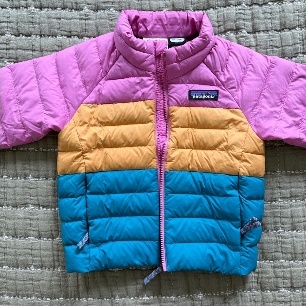 Patagonia Pink, Orange, and Blue Puffer Jacket